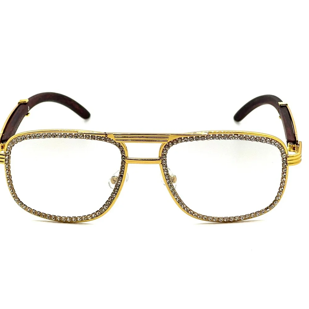 Rhinestone Sunglasses Gold Frame Wood Arms Hip Hop Fashion Men Bling Street Wear